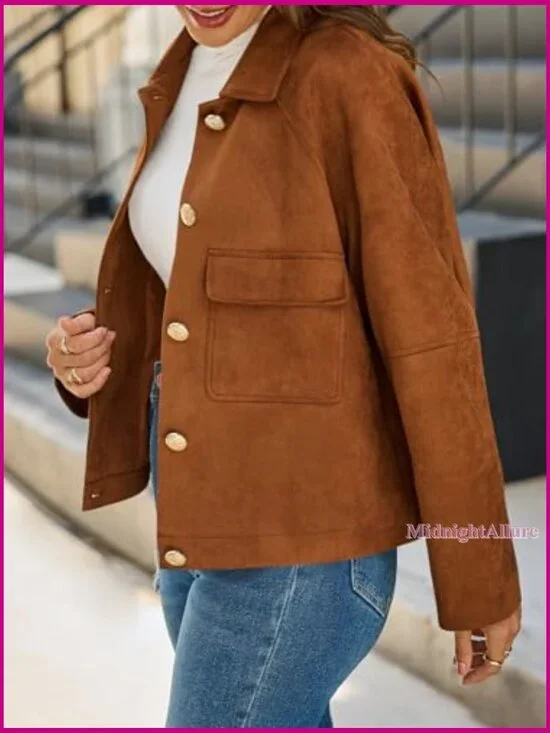 Oversized Cropped Faux Suede Jacket Lapel Collar Button Down Vintage Shacket - Picture 3 of 7